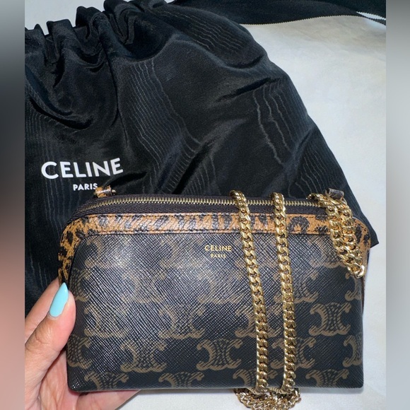 CELINE Triomphe Canvas Calfskin Leopard Print Mini Clutch on Chain - Picture 2 of 6